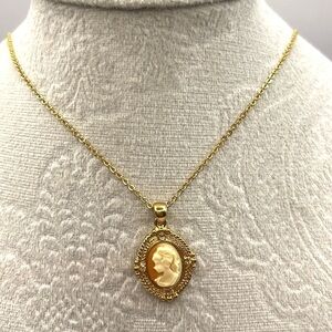 Vintage Gold Plated Necklace with Oval Pendant 18” Length 1” Cameo Victorian